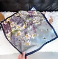 Elegant luxury floral and bee print square silk-like scarf with deep blue border - Silk Scarf 140 / 65