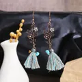 Elegant Bohemian bronze floral drop earrings with turquoise beads and colorful tassels - Bronze Carved Mixed Tassel Style (E4719)