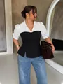 Gestreiftes Patchwork-Oberteil für Damen mit schwarzem Korsett-Detail im West-Stil - 1XL / Schwarz