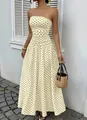 Elegant strapless polka dot A-line maxi dress with cinched waist for summer fashion - S / Light Yellow