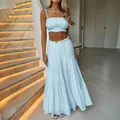 Light blue two-piece vacation set with camisole crop top and tiered maxi skirt - Light Blue
