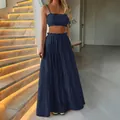 Navy blue two-piece crop top and tiered maxi skirt holiday set for women in summer. - Navy Blue