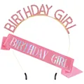 Sparkling pink rhinestone Birthday Girl tiara and glitter sash set for party decorations - Gold Base Pink Rhinestone Iridescent Set