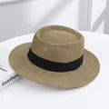 Women's summer wide brim straw sun hat with black ribbon for elegant beach vacation - Black Straw Hat