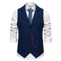 Chaleco de hombre azul en tweed de espiga con solapas y cadena de reloj dorada. - S / Azul marino