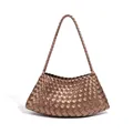 Elegant brown leather woven shoulder bag with classic Intrecciato pattern and braided strap - Golden Copper