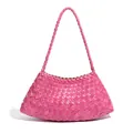 Elegant bright pink handmade woven leather shoulder bag featuring stylish French hobo design - Berry Red