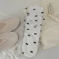 Ultra-thin mesh tulle socks with black bow embroidery, balletcore Lolita fashion style - One Size / Flocked Bow-White Base Black Bow