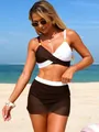 Professional model wearing brown and white bikini set with mesh skirt on sunny beach - S / Coffee & White
