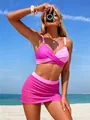Stylish two-piece pink and magenta patchwork bikini set with a matching mesh skirt - S / Rose Red + Pink
