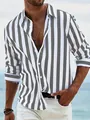Modern men's vertical grey and white striped long sleeve slim fit casual button-down shirt - S / Striped / Dark Gray