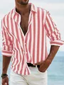 Red and white vertical striped casual slim fit long-sleeved shirt for men outdoors - S / Striped / Red
