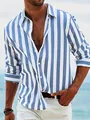 Men's blue and white striped slim fit long sleeve shirt with a classic lapel collar - S / Striped / Blue