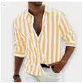 Men's slim-fit long-sleeved shirt with yellow and white vertical stripes - S / Striped / Yellow
