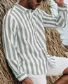 Men's green and white striped slim fit long sleeve shirt with lapel collar. - S / Striped / Light Green