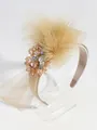 Serre-tête de mariée beige élégant avec plumes d'autruche et perles de cristal - Grand Nœud Plume Marron