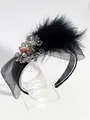 Élégant serre-tête fascinateur noir pour mariée avec plumes d'autruche nœud résille et cristaux - Grand Nœud Plume Noir