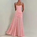 Elegant floor-length pink pleated evening dress with spaghetti straps and a slim fit - Pink