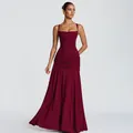 Elegant burgundy pleated evening gown with slim fit and stylish spaghetti straps - Burgundy