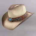 Close-up detail of western straw cowboy hat featuring turquoise stone and floral embroidery - Sapphire Decoration Style / Beige