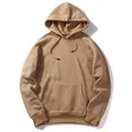 Comfortable khaki men's autumn hooded sweatshirt with drawstring and large front pocket - Khaki / European Size: S