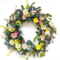 Artificial spring flower wreath with daisies and eucalyptus leaves for door decor - Colorful Daisy Lavender Style (款式3) / 45cm