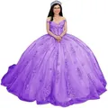 Elegant purple off-the-shoulder ball gown with floral lace for Quinceañera - Purple with Train