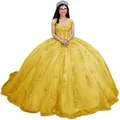 Elegant yellow off-the-shoulder ball gown with layered tulle skirt and lace details - Yellow with Train