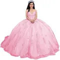 Pink tulle ball gown with off-the-shoulder straps and lace embroidery. - Pink with Train