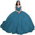Elegant teal off-shoulder ball gown with layered tulle skirt for princess prom parties - Peacock Green Train