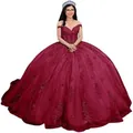 Elegant burgundy off-the-shoulder puffy tulle ball gown for prom or quinceañera - Wine Red with Train