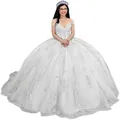 Elegant white off-the-shoulder ball gown dress featuring tulle and silver lace applique. - Ivory White with Train