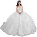 Elegant white off-the-shoulder ball gown featuring a beaded bodice and layered tulle skirt. - White With Train