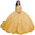 Elegant golden Quinceañera ball gown with intricate lace embroidery and tulle layers. - Gold with Train