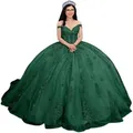 Elegant dark green off-the-shoulder Quinceañera ball gown with delicate lace appliqués - Dark Green with Train