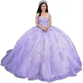 Elegant lavender tulle ball gown dress with delicate lace appliques and off-shoulder - Lavender Purple with Train