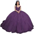 Elegant purple ball gown with off-the-shoulder sweetheart neckline and puffy tulle skirt - Dark Purple Train