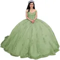 Sage green off-the-shoulder ball gown with floral embroidery and puffy tulle skirt - Yellow Green Train