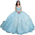Elegant light blue off-shoulder ball gown with intricate lace applique for prom events - Sky Blue Cathedral Train