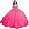 Hot pink off-the-shoulder Quinceañera ball gown with floral lace embroidery - Magenta With Train