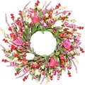 Vibrant artificial floral wreath with pink tulips and lavender for spring door decoration - Pink Tulip Purple Lavender Style (款式105) / 45cm