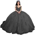 Elegant black off-the-shoulder ball gown dress with lace appliques and tulle skirt - Black with Train