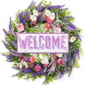 Artificial floral wreath with purple Welcome sign for Easter and Spring door decor - Welcome Sign Purple Lavender Rose Style (款式106) / 45cm