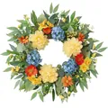 Colorful artificial floral wreath for spring door decoration and Easter holiday - Yellow Dahlia Blue Hydrangea Orange Daisy Style (款式109) / 45cm