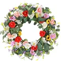 Vibrant artificial flower wreath featuring red and pink blooms for spring decor - Red Ranunculus Pink White Daisy Yellow Sunflower Style (款式110) / 45cm