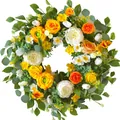 Handmade artificial spring wreath featuring yellow orange roses and white blooms - Yellow Orange Rose Ranunculus Eucalyptus Style (款式112) / 45cm