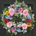 Colorful artificial flower wreath for Easter and spring front door decoration - Pink Peony Blue Hydrangea Yellow Sunflower Style (款式91) / 45cm