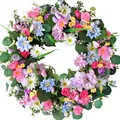 Vibrant multi-colored artificial flower wreath for Easter and spring door decoration - Pink Carnation Blue Purple Daisy Yellow Wildflower Style (款式98) / 45cm