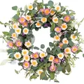 Spring wreath with pink and white daisies and green eucalyptus leaves - Pink White Daisy Eucalyptus Berry Style (款式95) / 45cm