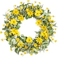Handmade vibrant yellow artificial daisy flower wreath for spring home wall decor - Yellow Daisy Eucalyptus Leaf Style (款式111) / 45cm